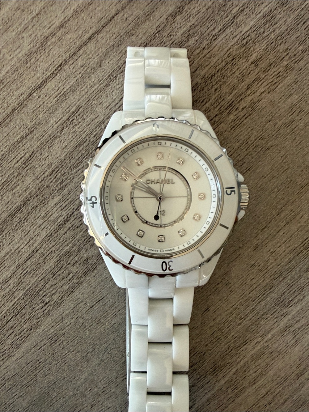 CHANEL White Ceramic Diamond Dial J12-Style Watch